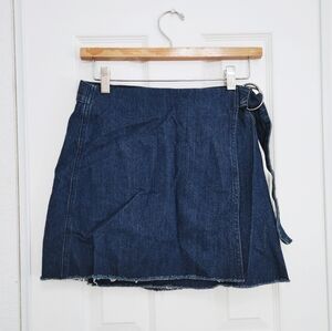 madewell denim mini belted high rise dark wash raw hem wrap skirt